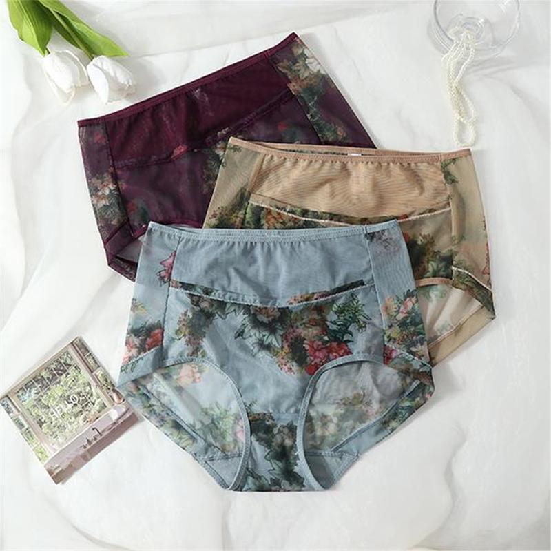 4 Pieces New Mesh Printed Comfortable Breathable Women's Underwear Skin-friendly High Waist Abdominal Pants (1pcs) DDUN 0