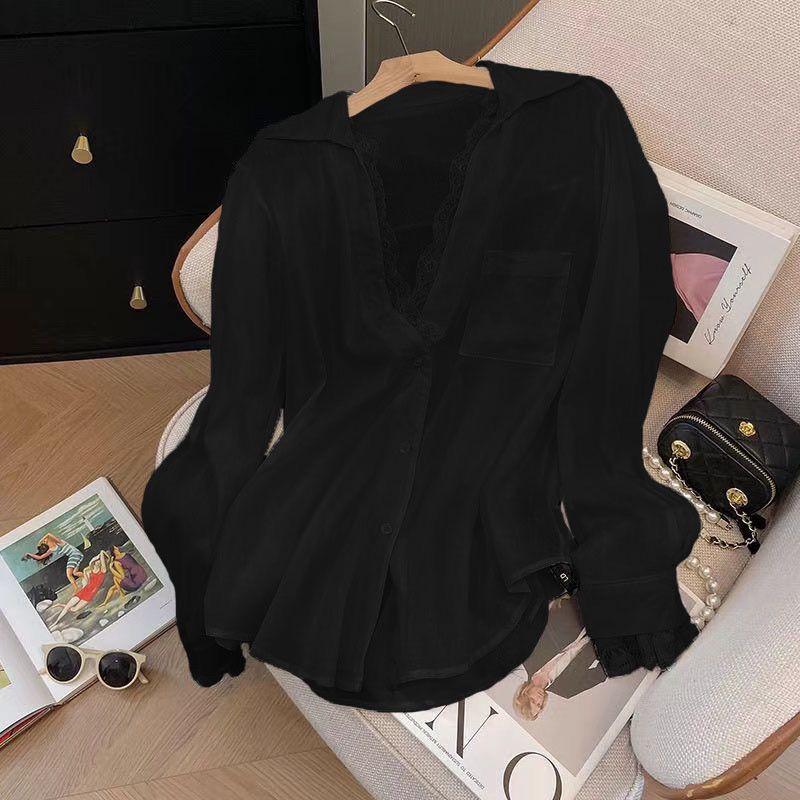 Quần Áo Nữ, Phong Cách Đơn Giản, Cao Cấp, Áo Sơ Mi Dáng Rộng Dài Tay, Màu Trắng, Khâu Ren Giả Hai Mảnh, Thích Hợp Cho Mùa Thu, Năm Xuất Bản 2024