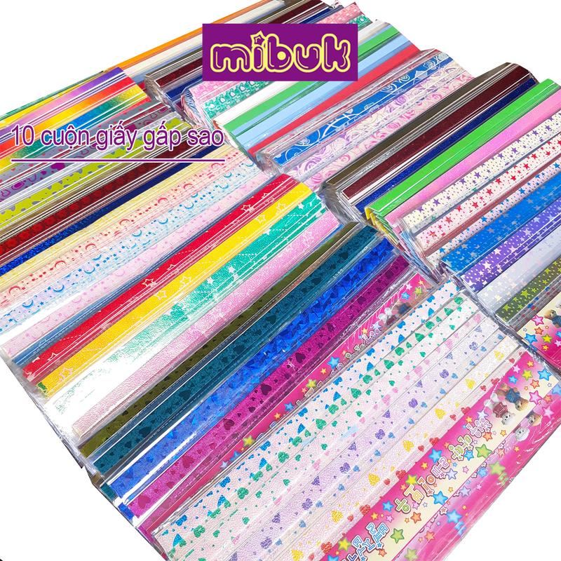  10 cuộn giấy gấp sao óng ánh màu họa tiết giấy xếp sao đẹp 