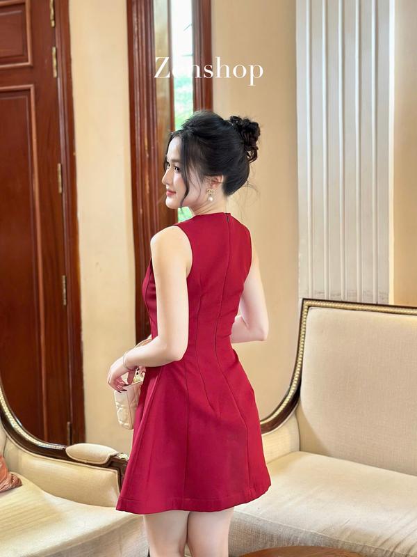 Đầm đỏ mặc Tết, dáng xòe ngắn chữ A tôn dáng phối nơ phong cách tiểu thư, sang chảnh- TRIO dress 2