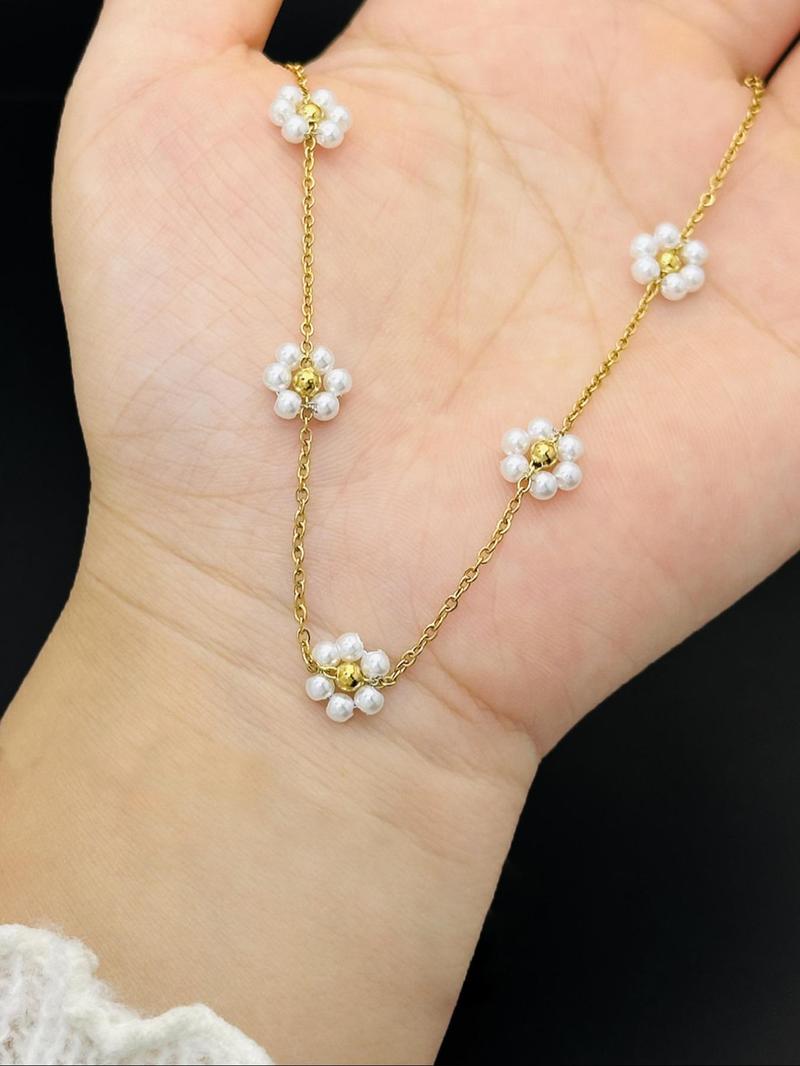 Product Introduction of Fashion Faux Pearl & Flower Decorated Necklace, Stainless Steel Jewelry for Party, Daily Decor, Trendy All-match & Exquisite Jewelry for Birthday Gift 3
