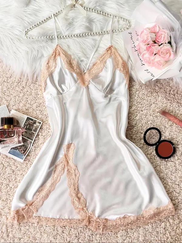 Women's Contrast Lace Criss Cross Bow Back Satin Cami Nightdress, Silky Naughty Lingerie, Night Gown for Women, House Dress for Women, Elegant Spaghetti Strap Split Hem Backless Night Gown, Ladies Summer Sleepwear & Loungewear, Pyjamas for Women 5