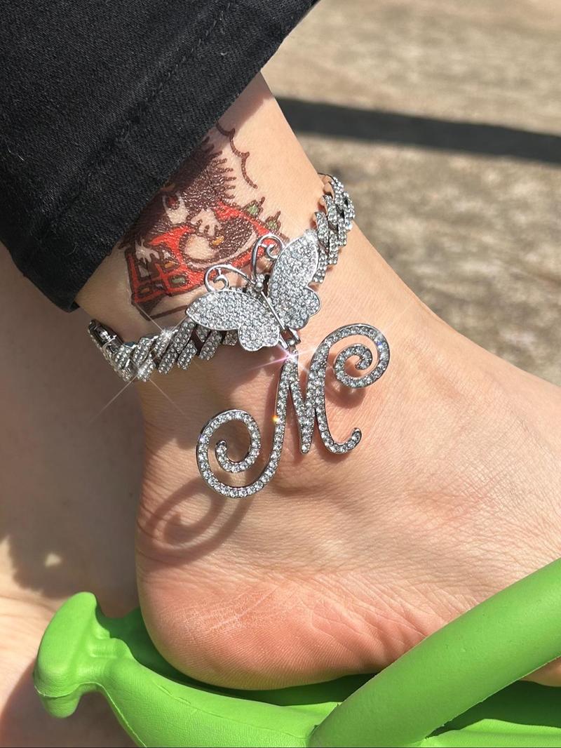 Product Introduction of Fashionable Rhinestone Decorated Anklet, Butterfly & Letter Design Cuban Link Chain Anklet, Fashion Foot Jewelry for Party, Daily Clothing Decor, Trendy All-match & Exquisite Jewelry for Birthday Gift 4