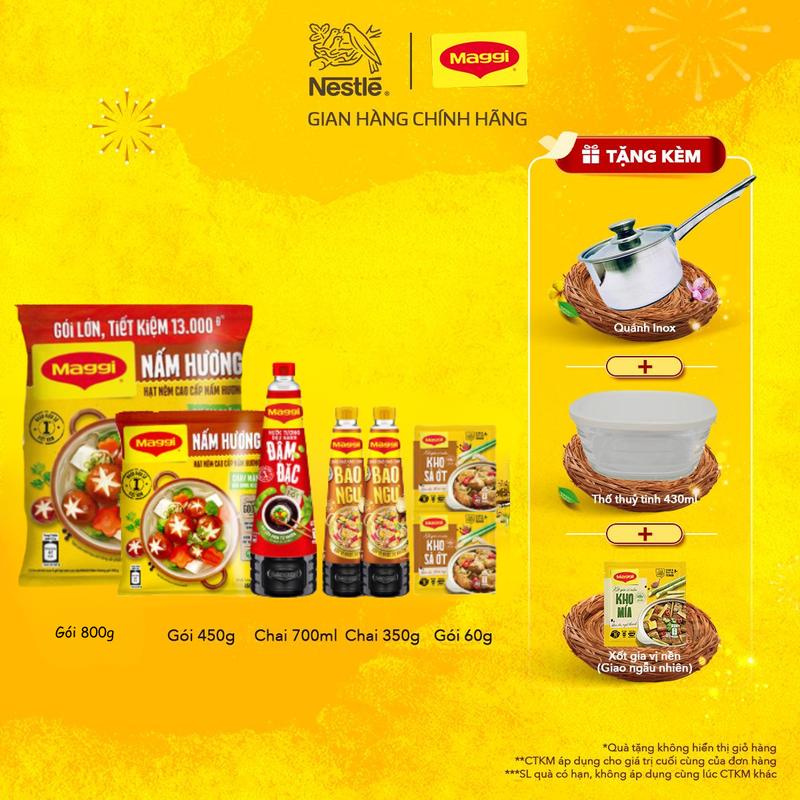 Nestle Vn Combo tiện ích Bịch Hạt nêm Nấm Hương gói 800g + Nước tương Đậu Nành Đậm Đặc 700ml + Bịch Hạt nêm Nấm Hương gói 450g + Dầu Hào Bào Ngư Mới 350g (x2) + Xốt nền Kho Sả Ớt (x2)