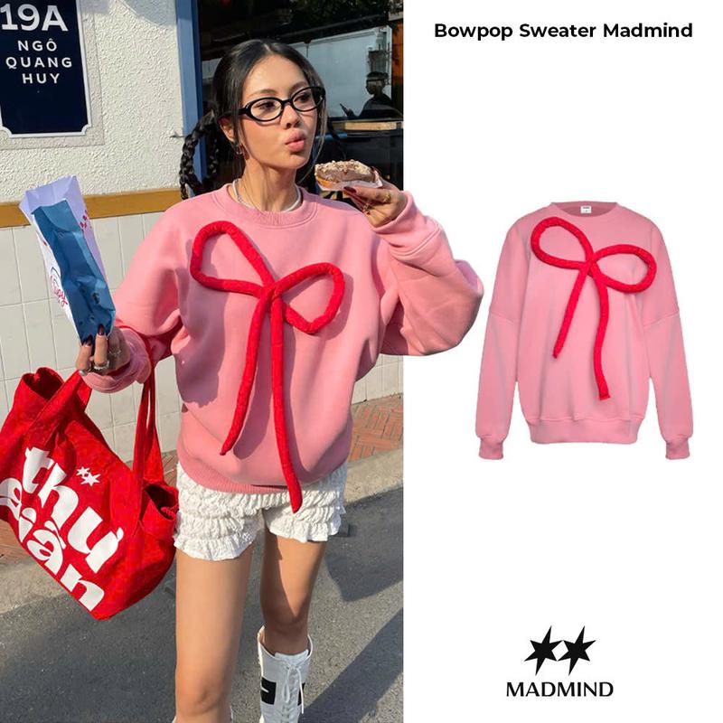    HÀNG MỚI VỀ   - Áo Nữ Tay Dài Nỉ Họa Tiết Nơ Bowpop Sweater MADMIND - Màu Hồng Women Top 