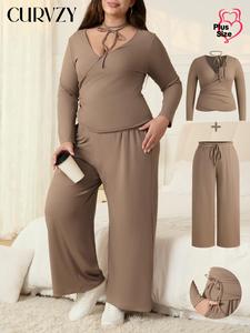 CURVZY Plus Size Three-Piece Set Solid V Neck Tee & Tie Front Pants & Choker Set, Casual Comfy Outfits for Women, Women's Clothing for All Seasons