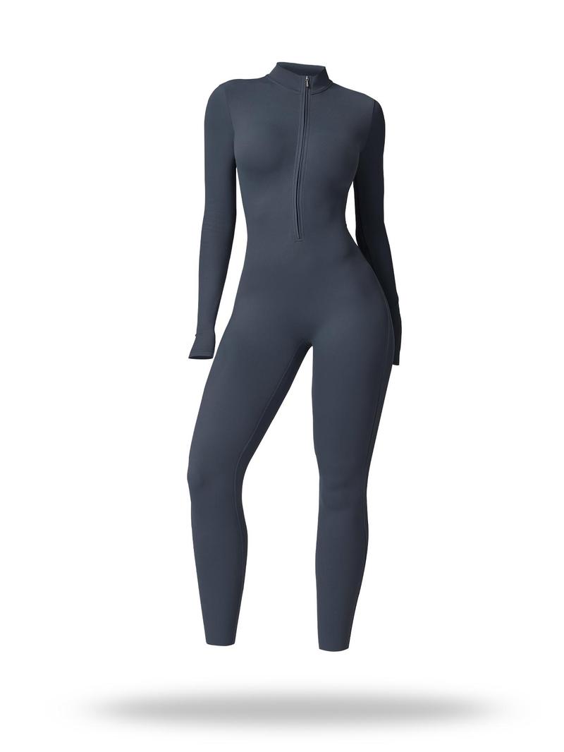 Product Introduction of Sporty Women's Solid Color Half Zip Mock Neck Sports Jumpsuit,  Tummy Control Jumpsuit,  Casual Comfy Breathable Long Sleeve Skinny Jumpsuit for Yoga Gym Workout, Ladies Sportswear for All Seasons 10