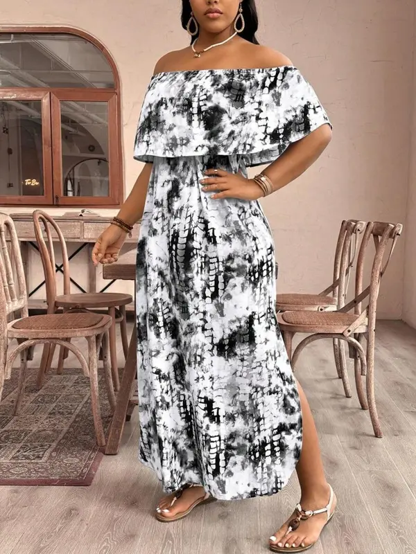 【Plus Size】 All Over Tie Dye Print Off Shoulder Dress, Casual Bohemian Fashion Long Dress for Daily Holiday Vacation Wear, Women Plus Clothing for Summer, Womenswear, Summer Clothes Women 2