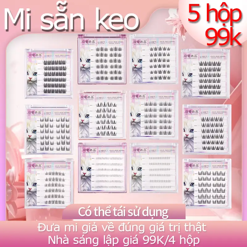 5 Hop 99K Lông Mi Giả Sẵn Keo, Mi Tự Dính, Mi Giả Tái Sử Dụng, Chống Nước 24H Dáng Hàn Quốc | Combo 4 Đôi Tặng Keo | Bao Bì Cao Cấp - Dành Cho Mắt Một Mí