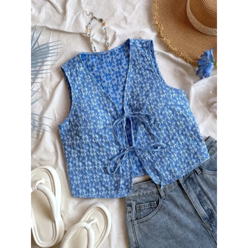 Women'S V-Neck Textured Fabric Sleeveless Top with Tie Front Detail - Casual, Versatile Solid Color Short Vest for Spring/Summer/Fall