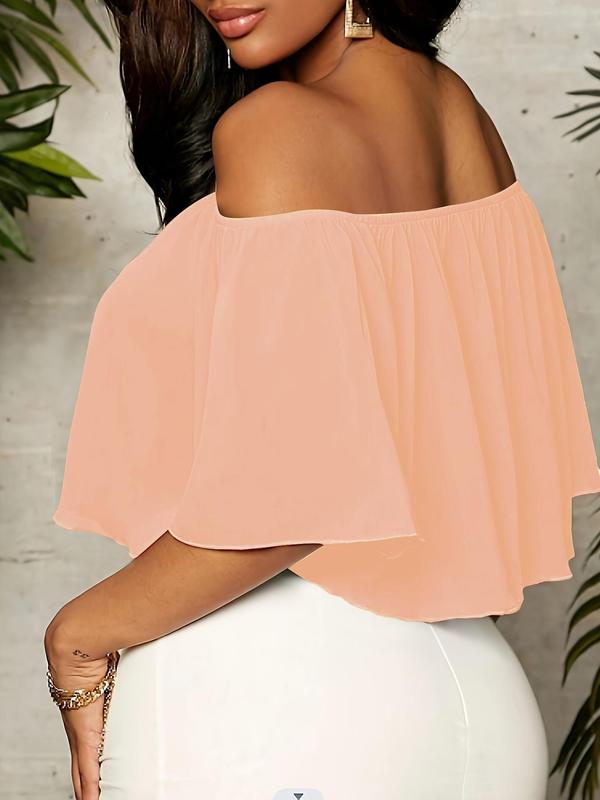 Women's Plain Off Shoulder Ruffle Trim Chiffon Crop Blouse, Elegant Butterfly Sleeve Top for Summer, Ladies Clothes for Daily Vacation Outdoor Wear 1