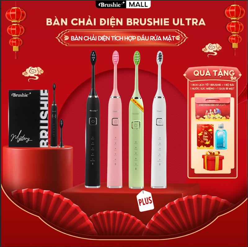 [LINK RIÊNG CÓ VOUCHER TO] Bàn chải điện Brushie Ultra tích hợp đầu rửa mặt hỗ trợ làm sạch hiệu quả - TẶNG Bao bì tết, Nước súc miệng+bộ bài + QBM (bột hoặc KĐR)TiktokXmas Trắng Răng Nữ