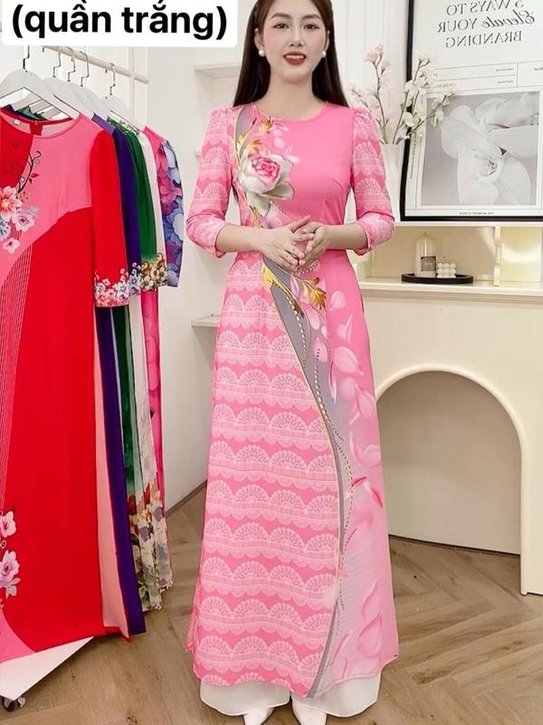 Áo dài in 3D màu hồng cỏ tòn tay bông lỡ, chất liệu vải habutin phù hợp đi tiệc đám hỏi chụp ảnh ,...