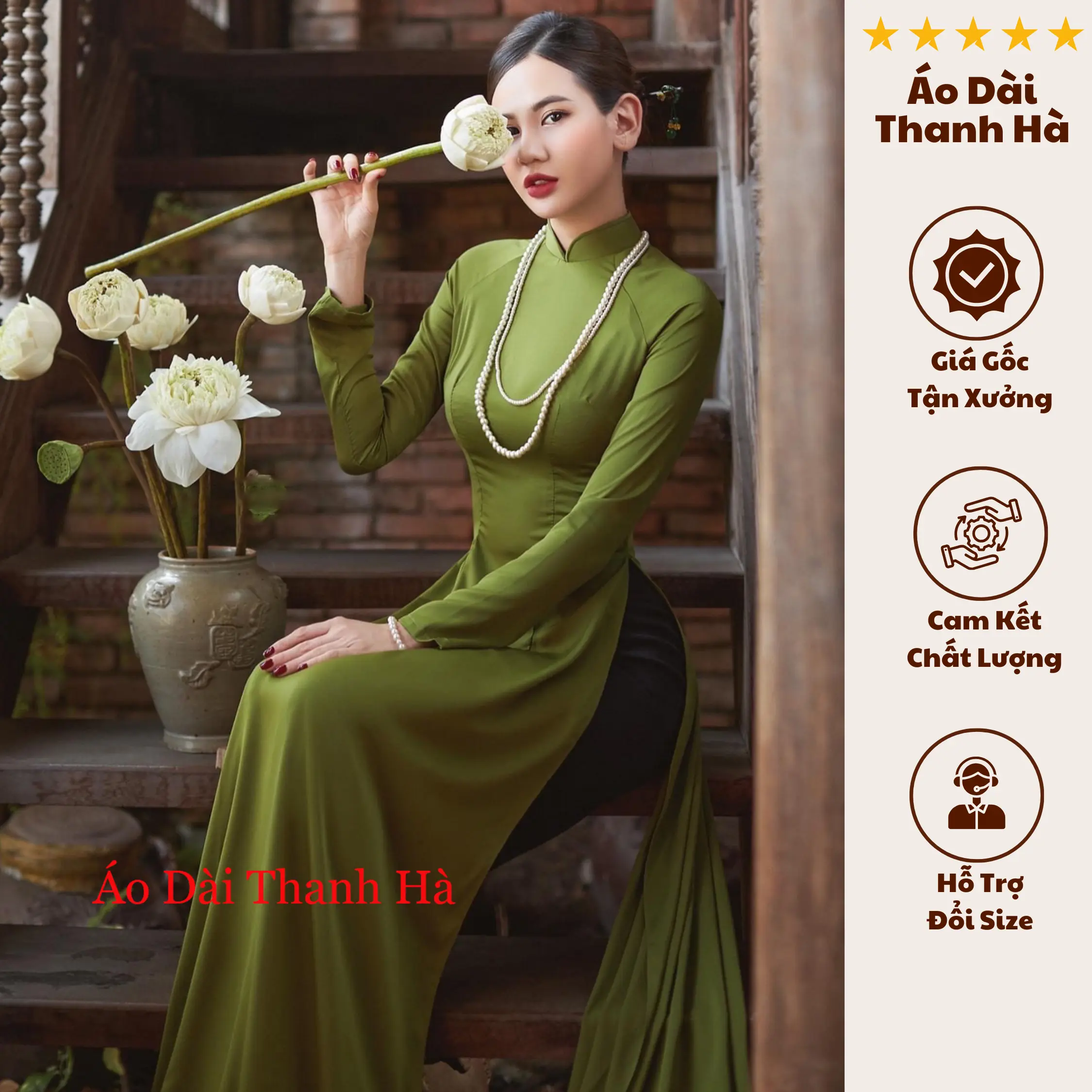 Áo Dài Truyền Thống Chất Lụa Ngọc Trai,Chuẩn Form Ôm Tôn Dáng,Sang Trọng,Tôn Dáng Người Mặc - Áo Dài Thanh Hà (Dress Sen Kem aodai  truyenthong)
