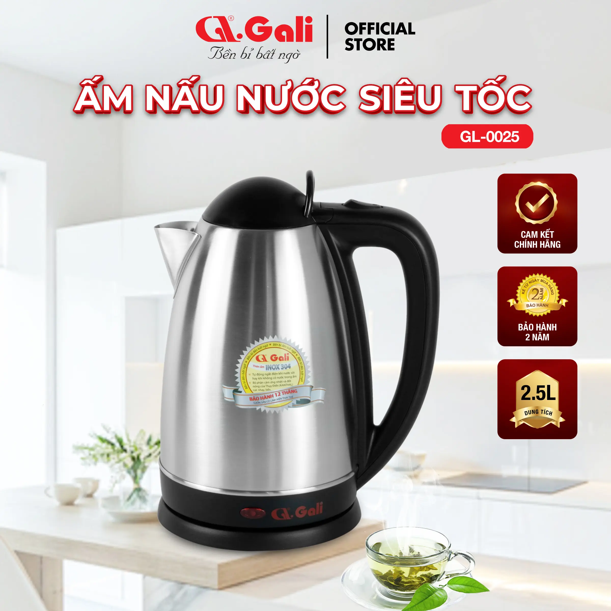 [Chính hãng] [HỎA TỐC] Ấm siêu tốc Gali GL-0025 2.5 lít 2150W thép không gỉ bảo hành 24 tháng