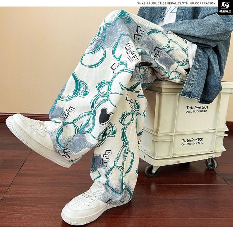 Product Introduction of 2024 Pants Trendy Brand Pu Shuai Fried Street Men's Autumn Vintage Vintage Casual Pants American Retro Graffiti Full Printed Wide-Leg Pants 8