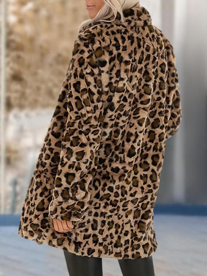 Product Introduction of Women's Leopard Print Pocket Lapel Thermal Lined Fleece Jacket, Fashion Casual Long Sleeve Open Front Outerwear for Fall & Winter, Ladies Clothes for Daily Wear 13