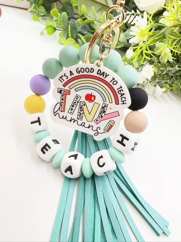 Creative Letter Pattern Tassel Decor Metal Keychain, Cute Hand Made Beaded Bracelet Decor Key Ring, Fashionable Cute Keychain for Men & Women, Charms, Personalized Gifts for Her 0