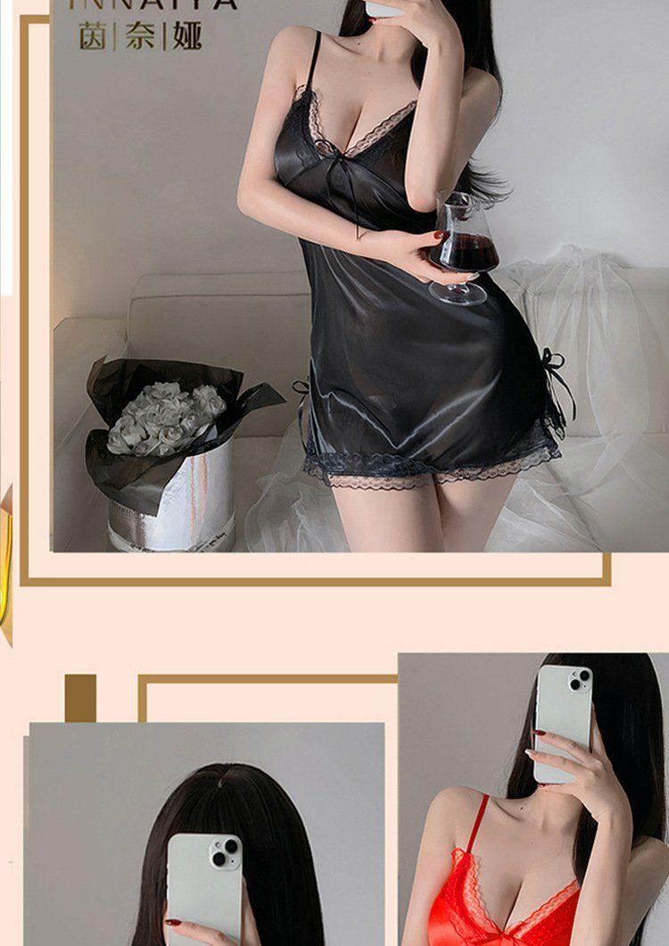 Product Introduction of Sexy Pajamas for Women Ice Silk Strap Night Dress Pure Desire Bow Lace Nightgown New Abstinence Series Suit 6