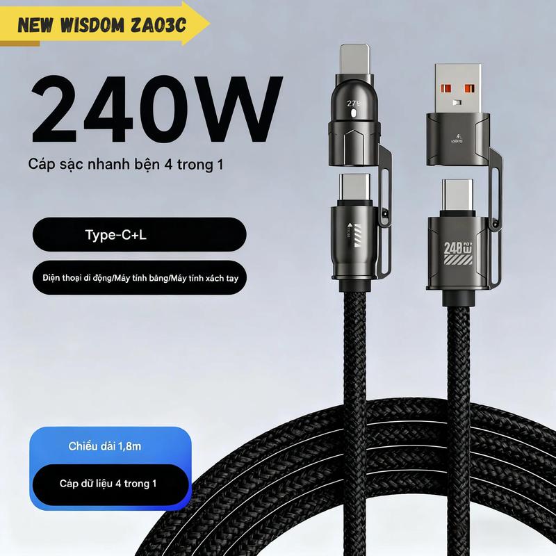 Vật liệu hợp kim kẽm tản nhiệt, sạc nhanh ở nhiệt độ thấp, giữ mát và không quá nhiệt./ Cáp bện siêu nhanh 4-trong-1 240W | Đầu nối mạ vàng 1,8m | Dành cho Type-C & iPhone