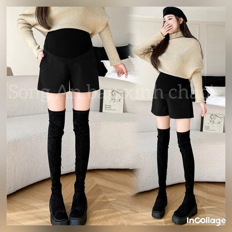  Quần đùi short nhung bầu thu đông Song An thời trang thoải mái có đáp bụng có chun điều chỉnh vòng bụng tết noel giáng sinh 