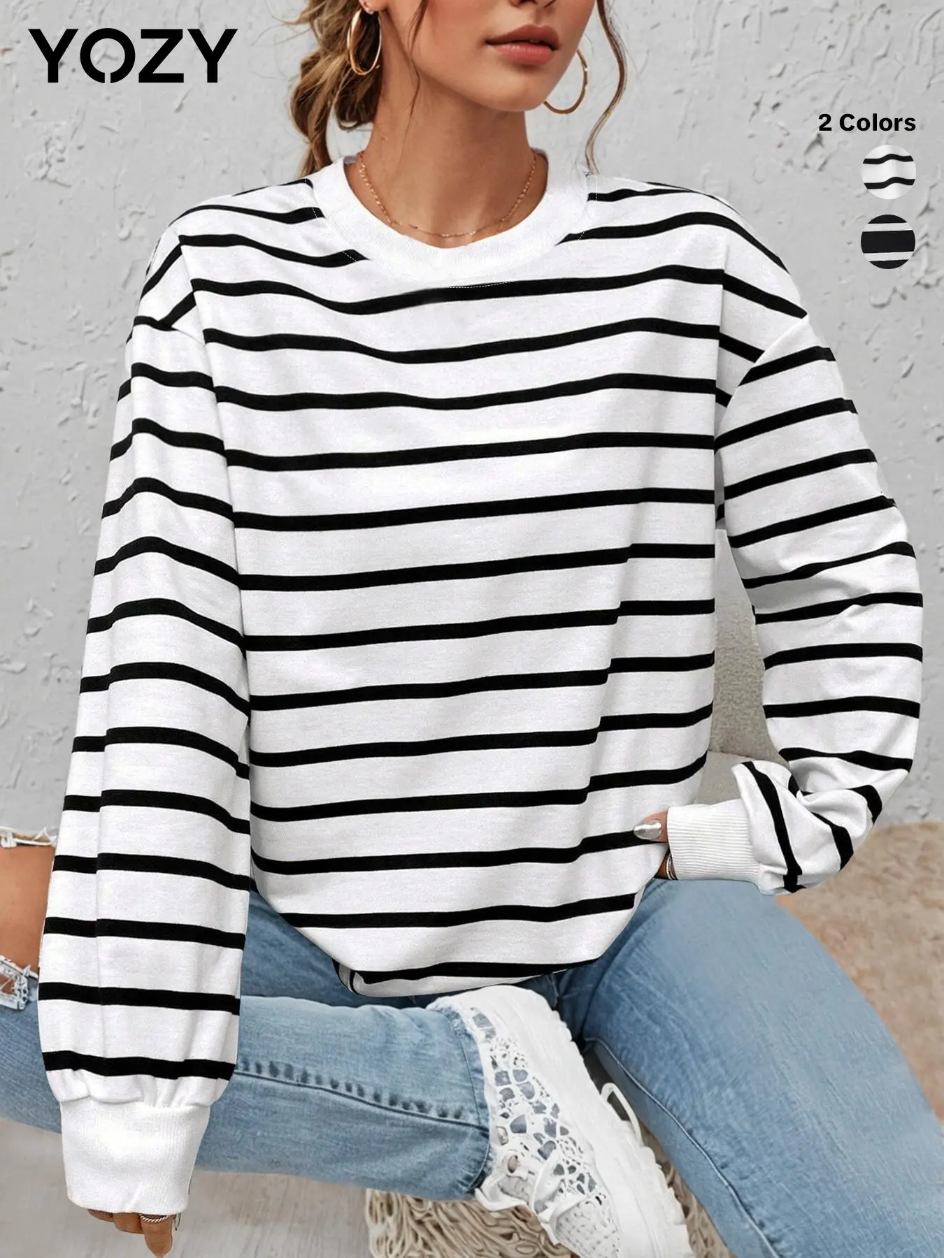YOZY Women's Colorblock Striped Print Drop Shoulder Sweatshirt, Casual Long Sleeve Round Neck Pullover for Fall & Winter, Ladies Clothes for Daily Wear