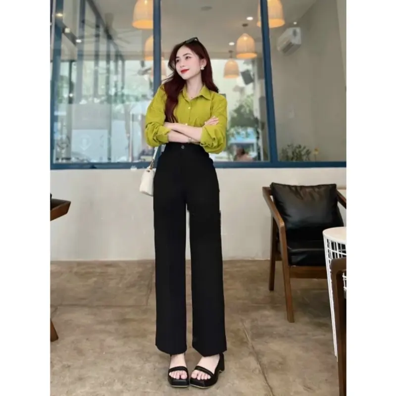 ￼Quần ống suông rộng lưng cao 1 khuy có 2 túi bên màu Đen,Quần  nữ ống rộng đi học làm công sở vải dày mềm Ong Women Pants 1