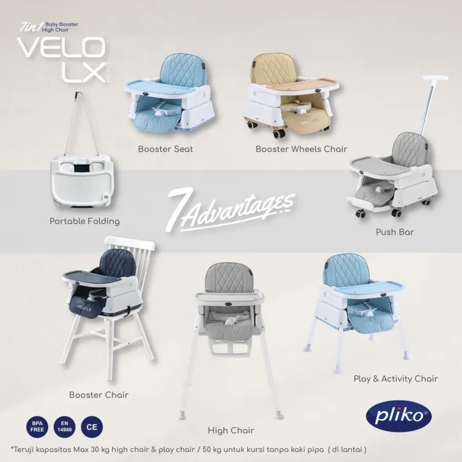 Pliko VELO LX Booster Seat High Chair HC562 kursi makan anak baby 7in1 roda abu Biru