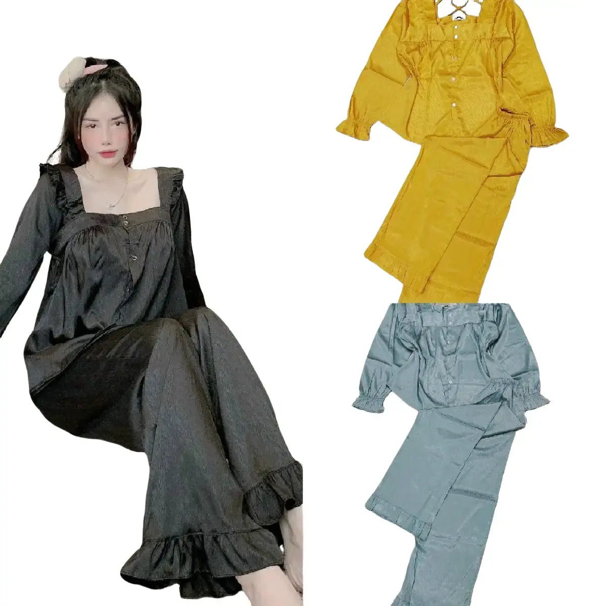 Sét  Bộ Lụa Xước  Tiểu Thư Cổ Vuông Tay Dài,Cho Nữ, Chất Mềm Voi Ong Quần Nâu Xanh  set thường đồ  bộ đồ  bộ