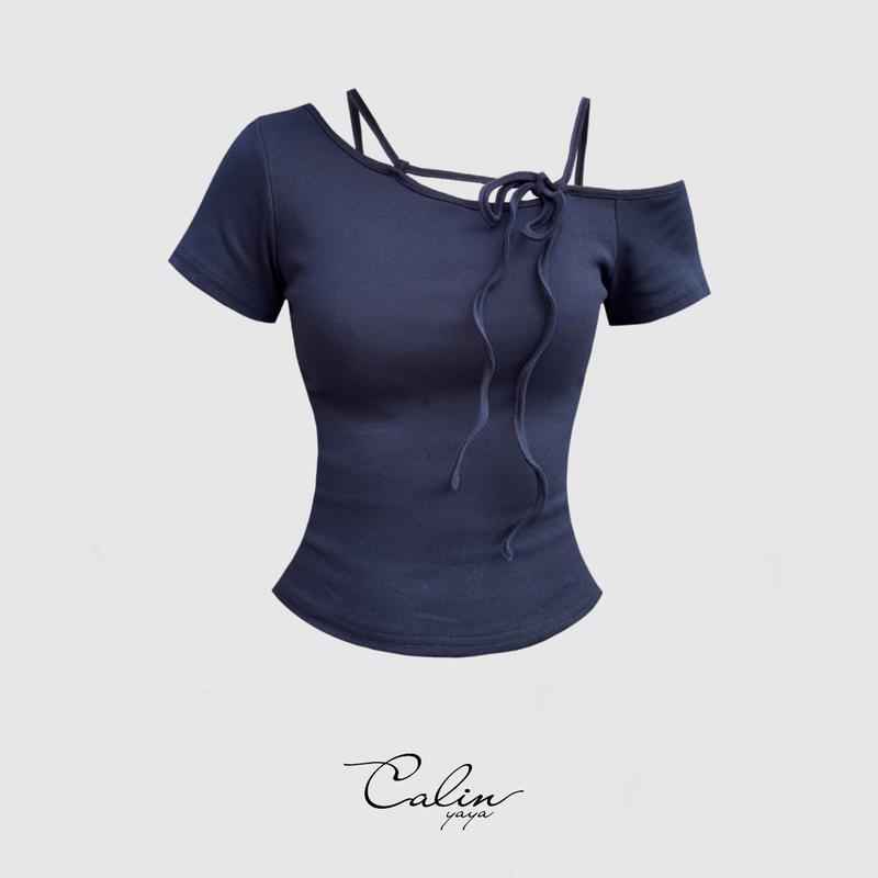 Elise Top - Áo kiểu lệch vai trễ vai phối buộc dây màu xanh đậm cho Nữ