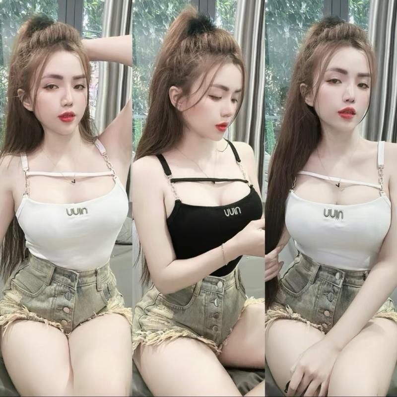 Áo croptop 2 dây phối khuy chữ thêu fom ngắn trên rún