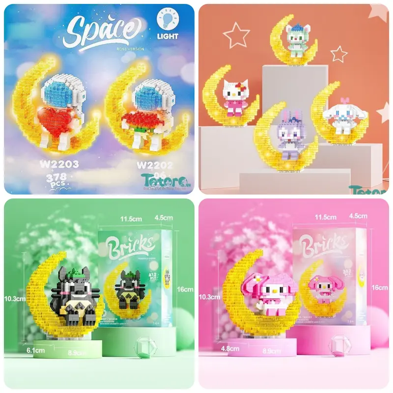 Bộ đồ chơi xếp hình Phát Sáng họa tiết Phi hành gia-Melody-Stitch-Totoro ngồi trên trăng Toy Ghép Hình 0