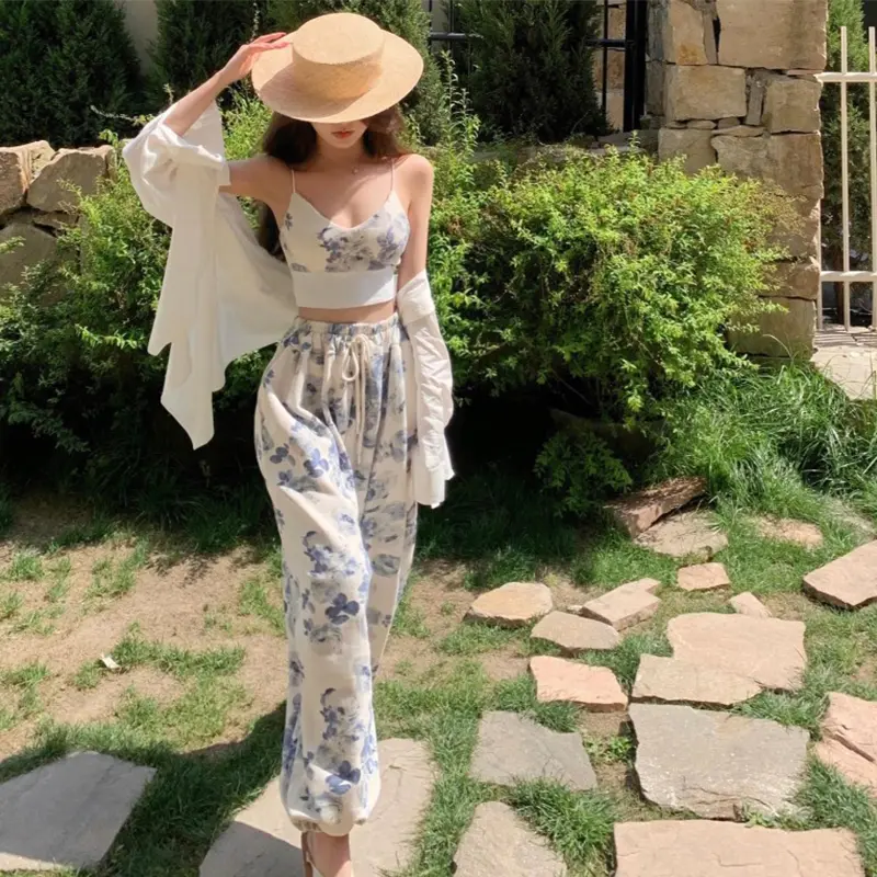 Women 2 Pieces Temperament Outfits, Floral Print V-Neck Spaghetti Strap Camisole + Drawstring Elastic Waist Long Pants Set