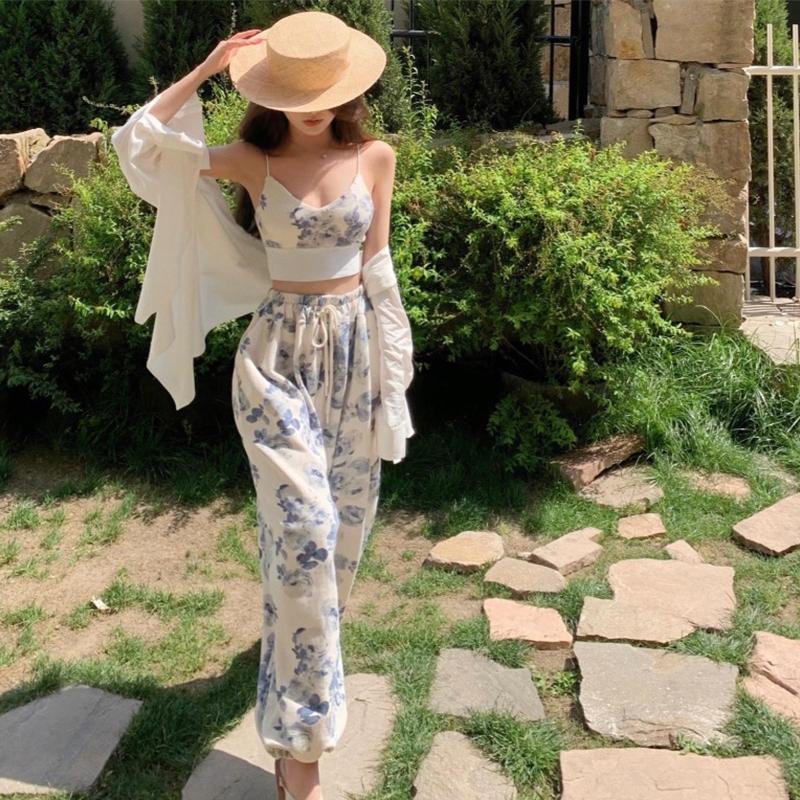 Women 2 Pieces Temperament Outfits, Floral Print V-Neck Spaghetti Strap Camisole + Drawstring Elastic Waist Long Pants Set 0