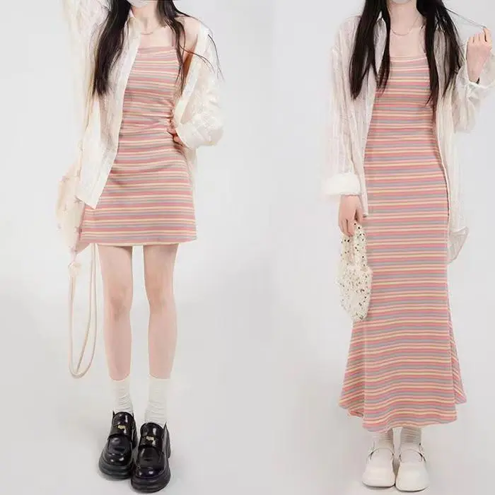 Bộ Đồ Nữ, Phong Cách Dễ Thương Và Gợi Cảm, Váy Hai Dây Dệt Kim Sọc, Váy Bodycon Dáng Ôm, Áo Chống Nắng Cô Gái Nóng Bỏng, Hàng Mới Về Mùa Hè 2025