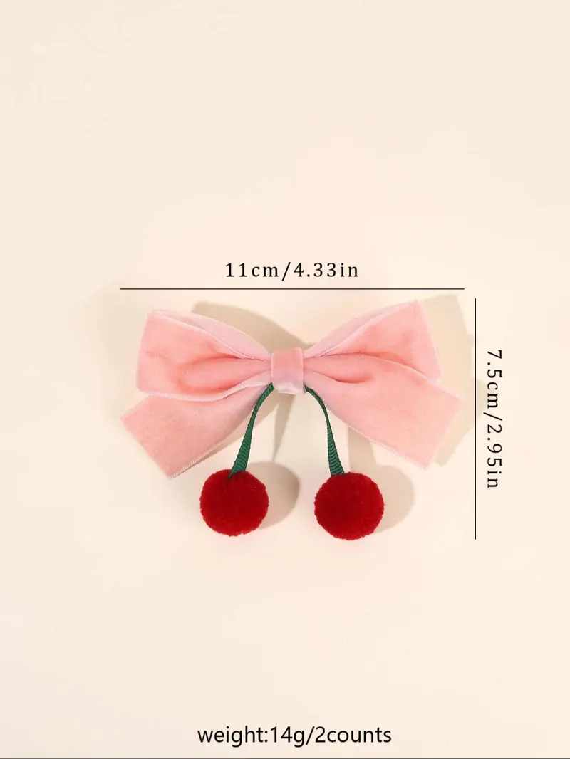 Product Introduction of Cute Cherry Decor Hair Bows, Velvet Bowknot Hair Clips, Fashionable Hair Accessories for Girls, Minimalist Headwear Suitable for Thick Hair 1