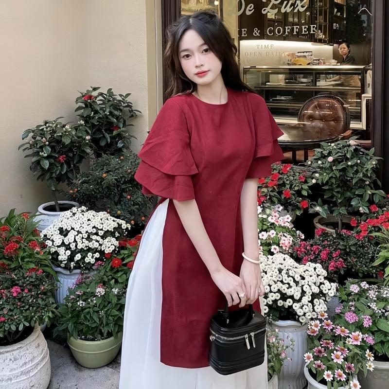 Product Introduction of Sét Áo Dài Cách Tân Nhung Tăm Mặc Tết 2025 Gồm Áo Dài Nhung Tay Xoè + Chân Váy Xoè Dài Nữ Women Dress Đỏtop 2025top 4