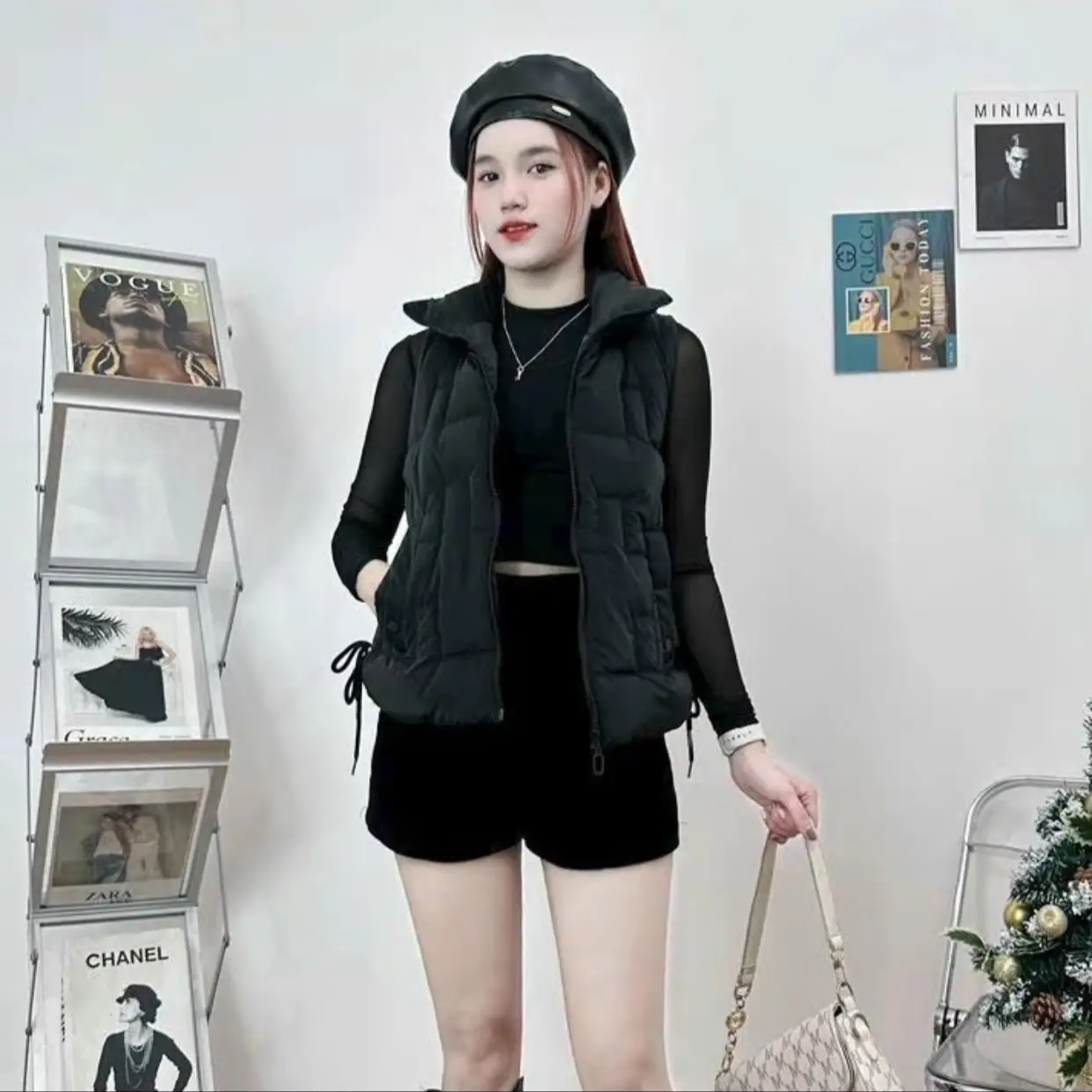 Áo phao gile nữ chất nhung lì mềm mịn, 3 lớp dày dặn, có dây rút 2 bên, hoạ tiết trần vi tính mới nhất#áokhoáchóttikotk #aogilehanquoc #aogile