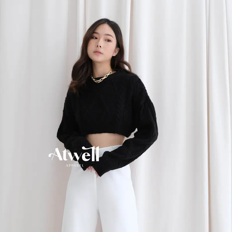 Atwell Apparel - Beatrice Cable Knitwear Crop Sweater - Atasan Wanita Basic - Top Outer Baju Stretch 6