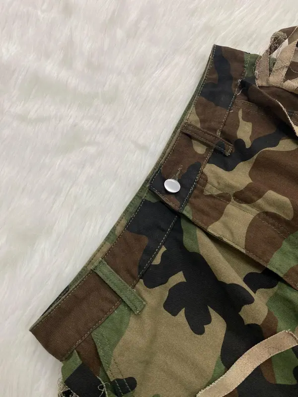 Women's Camo Print Fringe Trim Button Fly Shorts, Casual Pocket Design Shorts for Summer, Fashion Women's Bottoms for Daily Wear 3