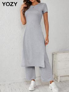 YOZY Two-piece Set Women's Solid Round Neck Tee Dress & Elastic Waist Pants, Casual Split Hem Short Sleeve T-shirt Dress & Trousers, Ladies Two-piece Outfits for All Seasons