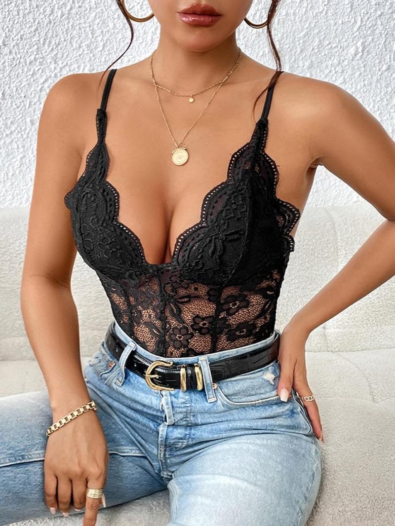 Product Introduction of Women's Solid Floral Lace Bodysuit, Fashion Casual Backless Cami Bodysuit for Daily Wear, Women's Clothes for All Seasons 1