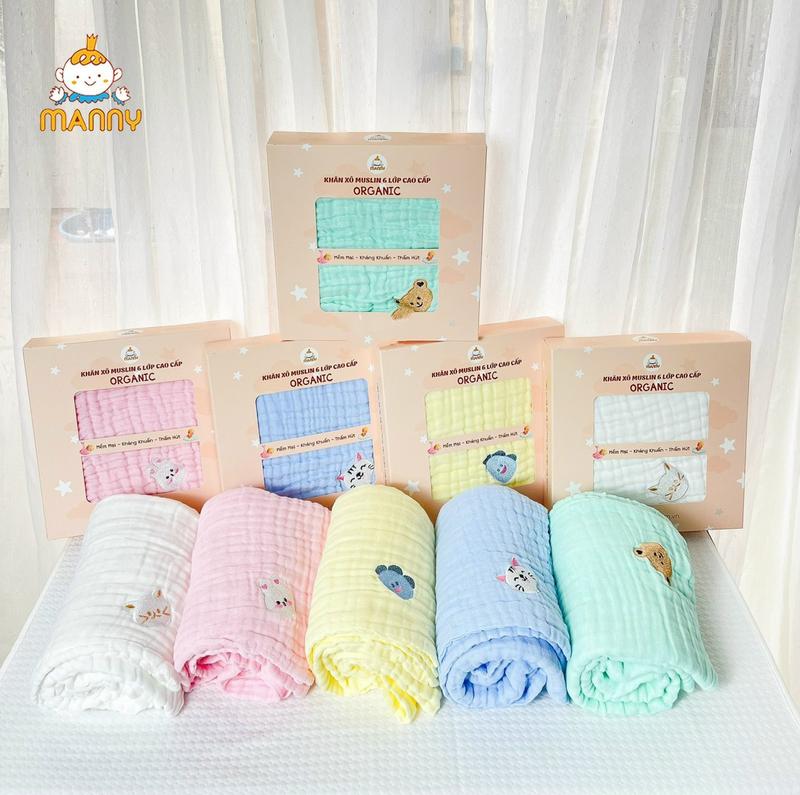 Hộp Khăn Tắm MANNY 6 Lớp Chất Xô Muslin Organic Họa Tiết Cho Bé Trai Bé Gái Kích Thước 100cmx100cm