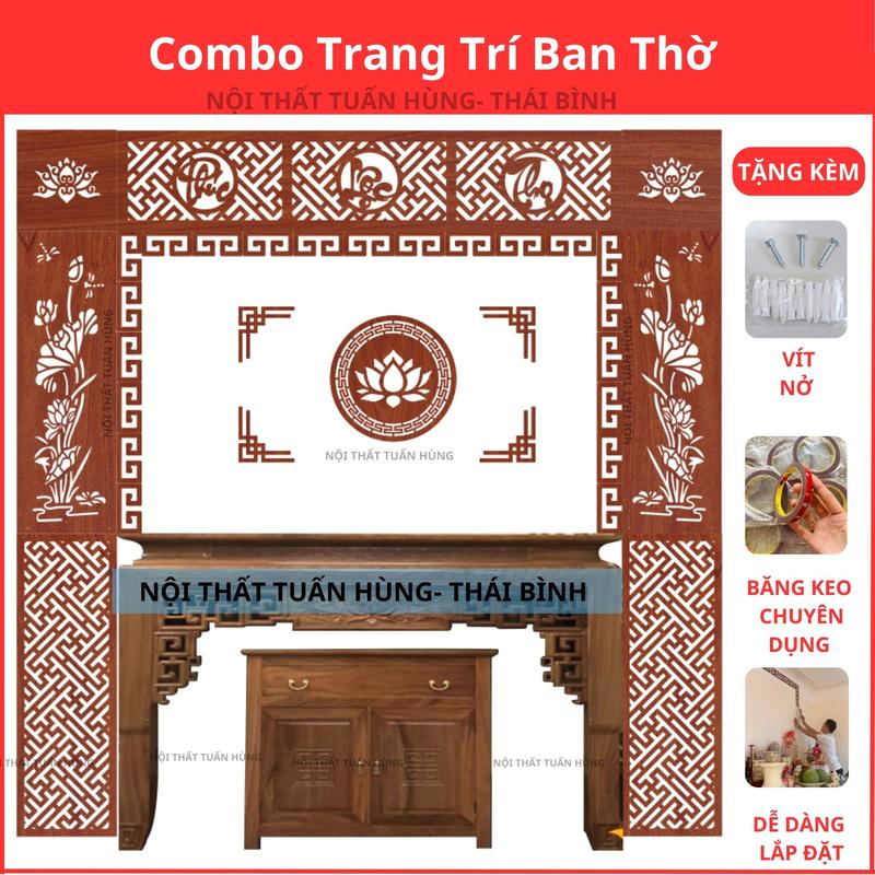 COMBO Trang trí ban thờ CNC mẫu vuông 2 vách sen 40.40 Bộ chữ Phúc lộc thọ 2 vách sen 40.120 2 vách vạn 40.120 Bộ trang trí MS06 vách phòng