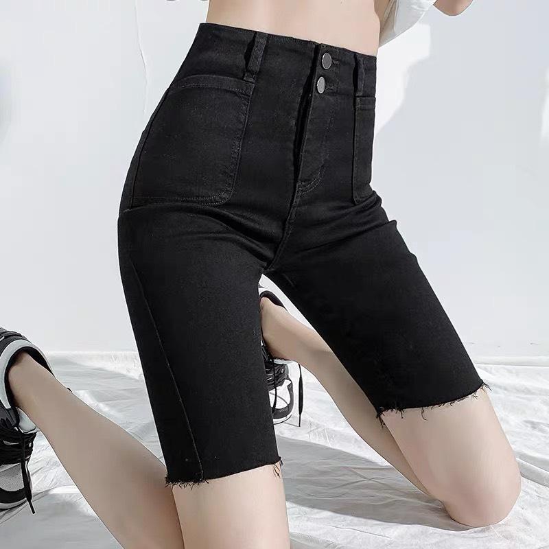 Quần Ngố Lửng Jeans Nữ Lưng Liền Lưng Cao 2 Nút Không Có Cạp Quần Co Dãn Mạnh 3417 4296 Denim Pants Women Có Túi quần short dài quần short bigsize ngắn đến đùi đầu gối quần rin