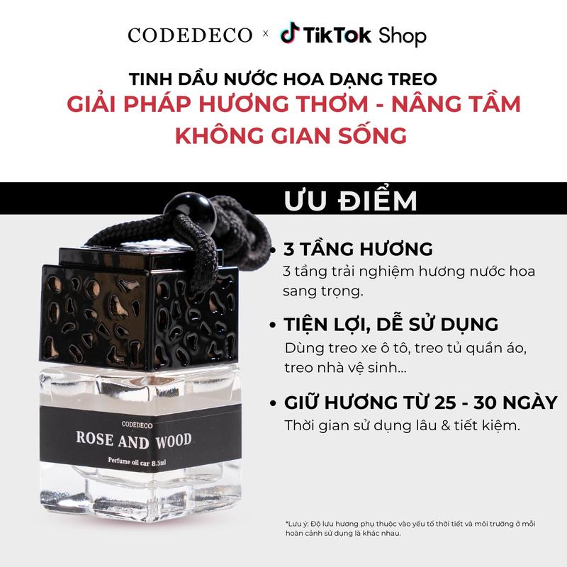 Tinh dầu thơm phòng nước hoa dạng treo CODEDECO Rose & Wood 8ml 3 tầng hương từ chanh vàng và gỗ tuyết tùng treo xe tô tô nhà vệ sinh phòng ngủ tủ quần áo