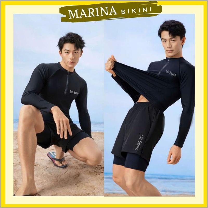 Bộ đồ bơi nam kín đáo quần 2 lớp áo tay dài và ngắn có khóa kéo đi biển phong cách thể thao Marina 043