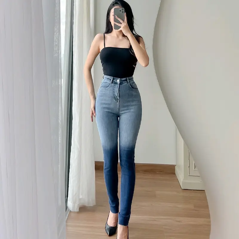 Q345 (40kg-53kg) Quần Jeans Nữ Dáng Ôm Có Giãn From Eo Nhỏ Lưng Cao Qua Rốn ( Jeans Ôm Xịt Loang 2 Màu Trơn - Rách ) Lai Cắt , Chiều Dài Quần (97cm-99cm) Women Pants 3