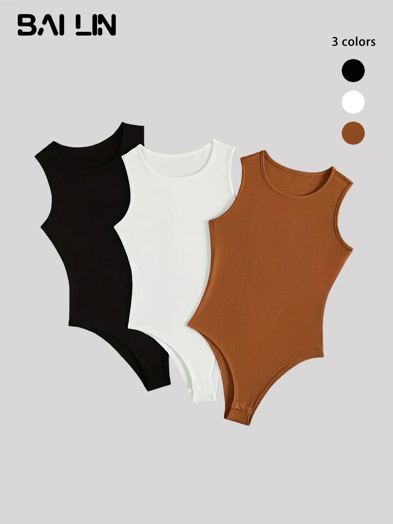 Women's Plain Round Neck Ribbed Bodysuit, Regular Fit Casual Sleeveless Tank Bodysuit for Summer, Minimalist Basic Bodysuit Multipack, Ladies Clothes for Daily Wear, Summer Clothes