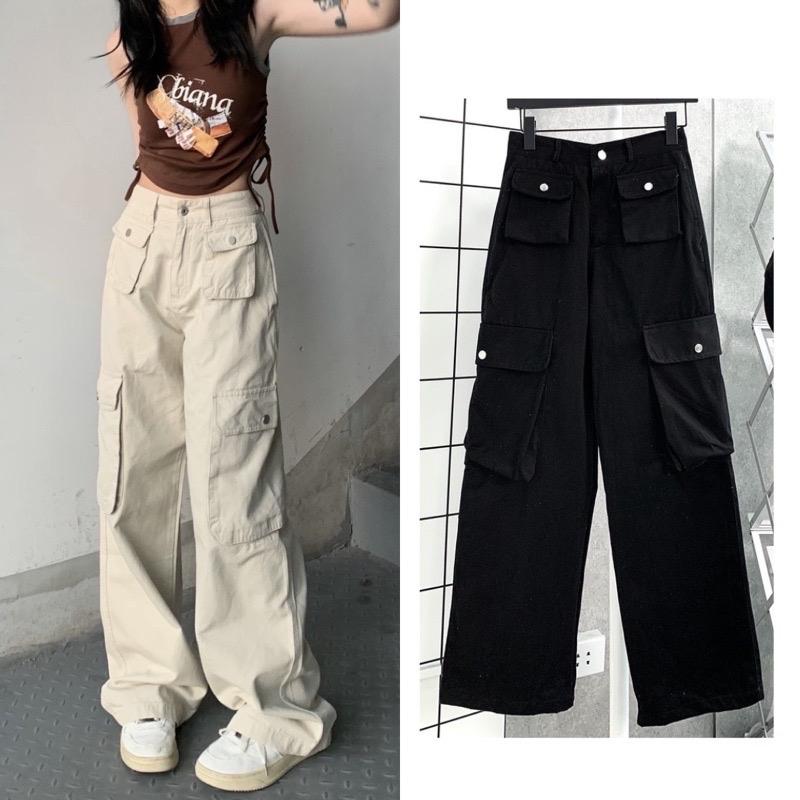 Quần kaki Cargo ROKY màu ĐEN/BE dài suông ống rộng túi hộp trơn form nam nữ unisex  Quần baggy kaki style Ulzzang